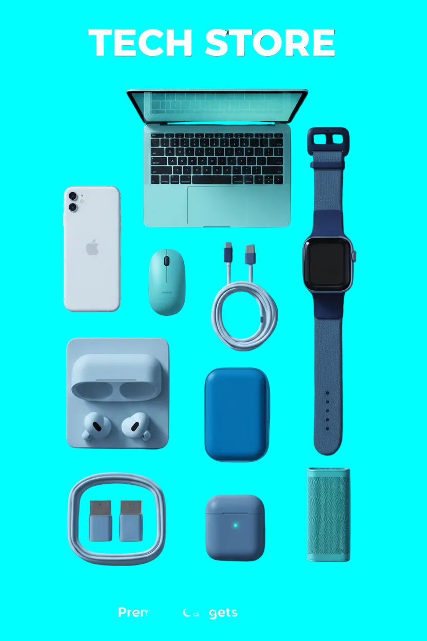 Collection of Apple products including a phone, watch, and earbuds on a beige background